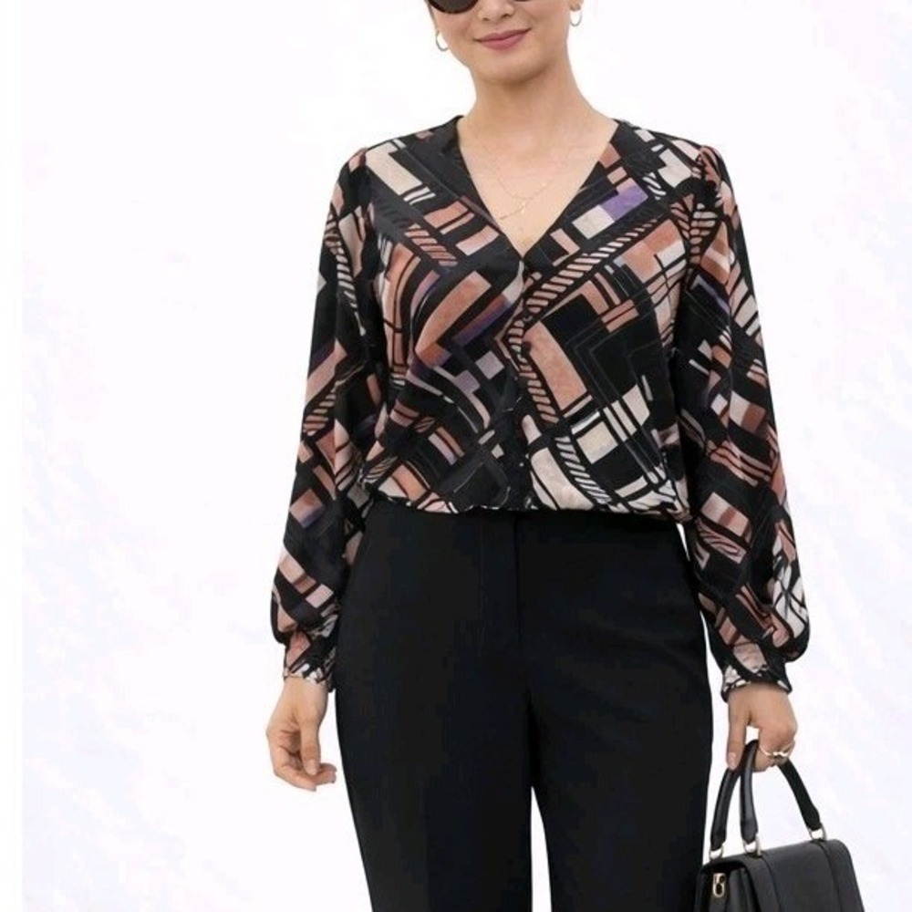WHBM Size Medium Smocked Velvet Burnout V-neck Blouse White House Black Market